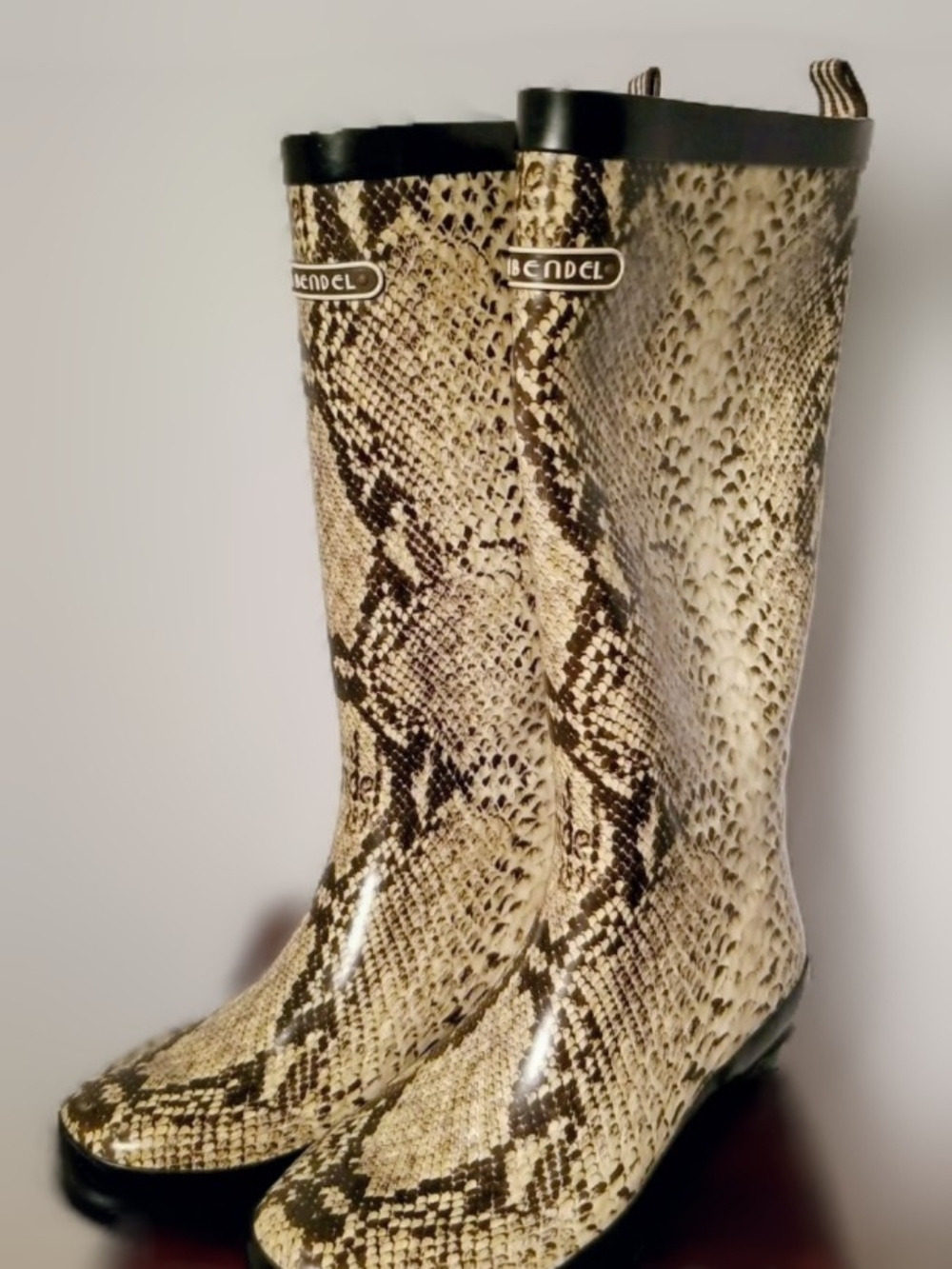 Snake-Print Rain Boots in Beige & Black